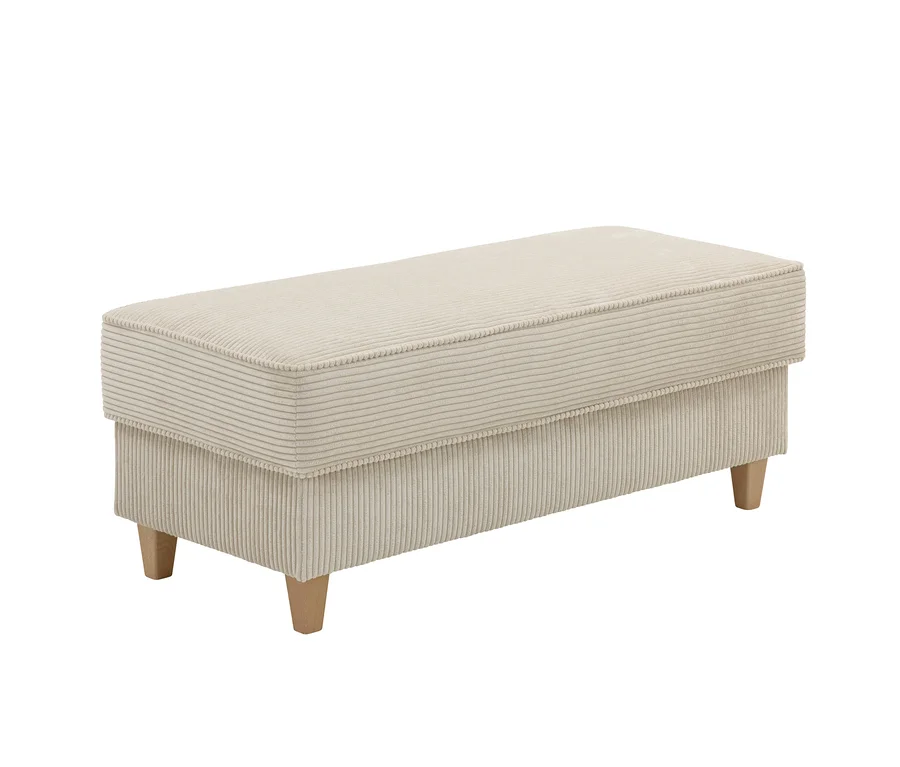 Beige aufklappbare Hockerbank mit Stauraum aus Cordstoff.