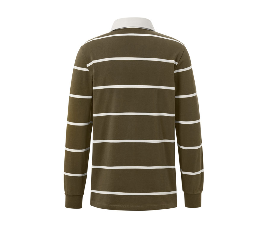 Rückansicht eines Langarm-Poloshirts mit horizontalen Streifen in Olivgrün und Weiß.