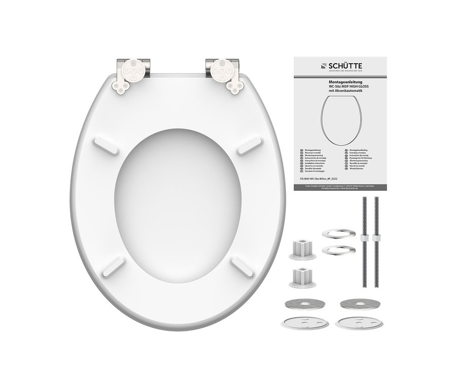 Weißer Schütte MDF High-Gloss WC-Sitz mit Absenkautomatik »Black Stone« und Montagezubehör.
