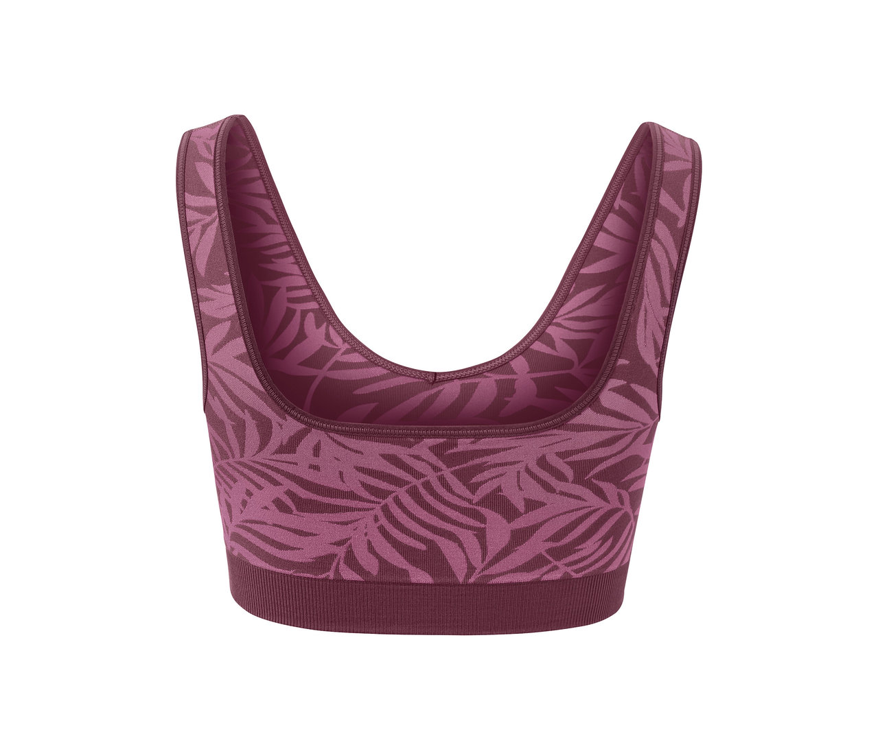 Detailansicht von Seamless-Sport-Bustier in Pflaume mit Blattmuster.