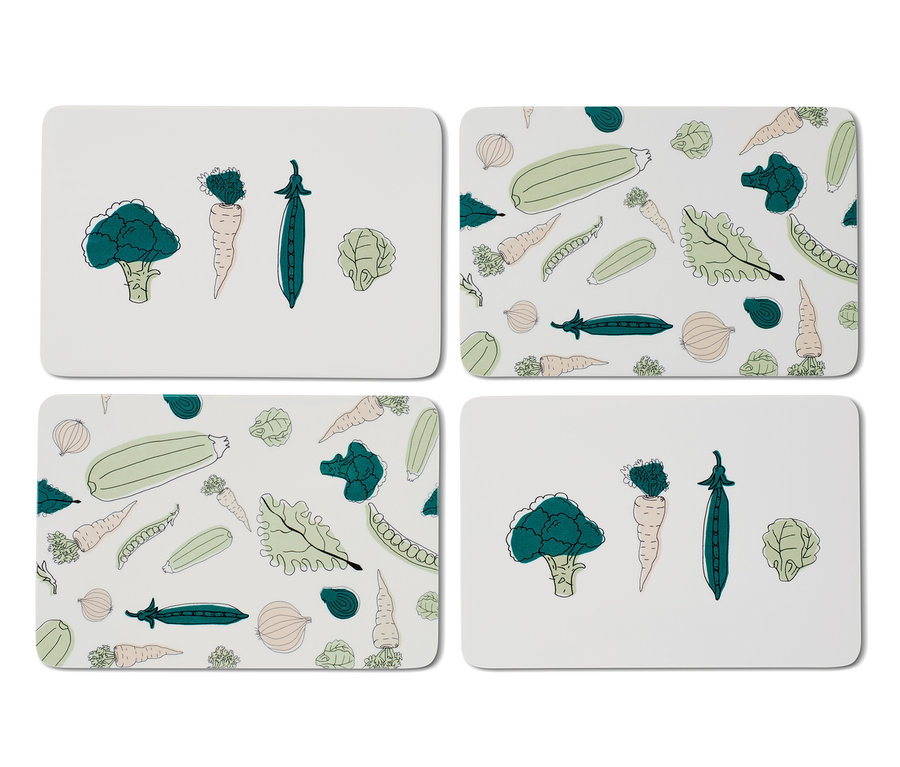 Vier Frühstücksbretter mit Gemüseillustrationen.
