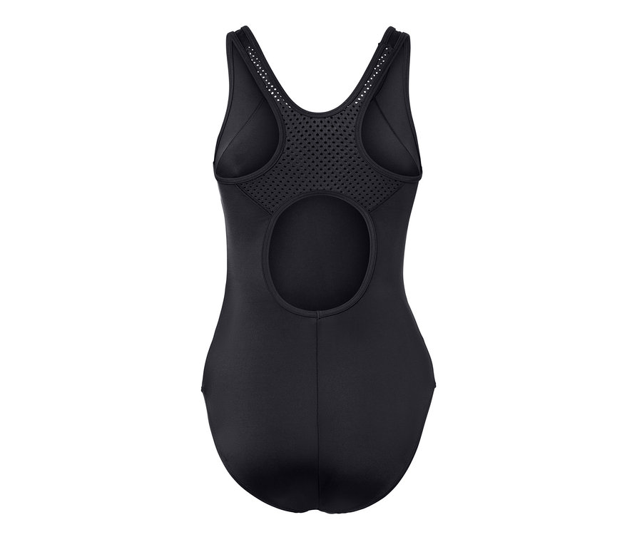 Schwarzer Sport-Badeanzug mit Cut-Out-Rücken und Netzeinsatz.