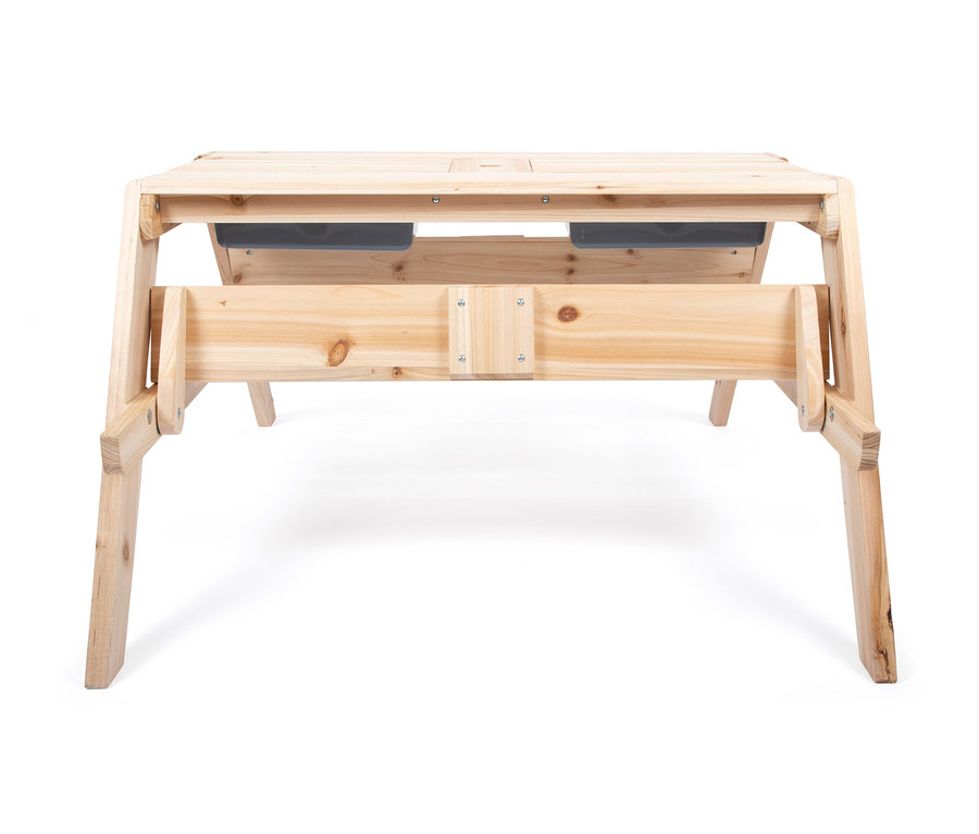 small foot Kindersitzgruppe Matschtisch aus hellem Holz mit zwei grauen Boxen.