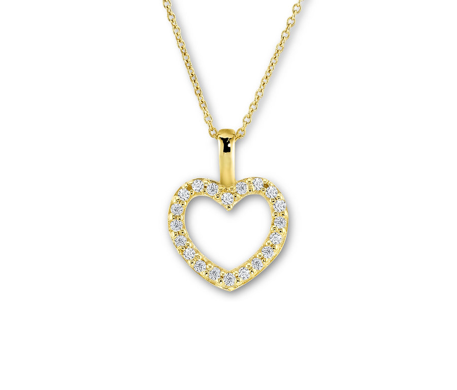 Goldkette mit herzförmigem Anhänger und Diamanten auf weißem Hintergrund.