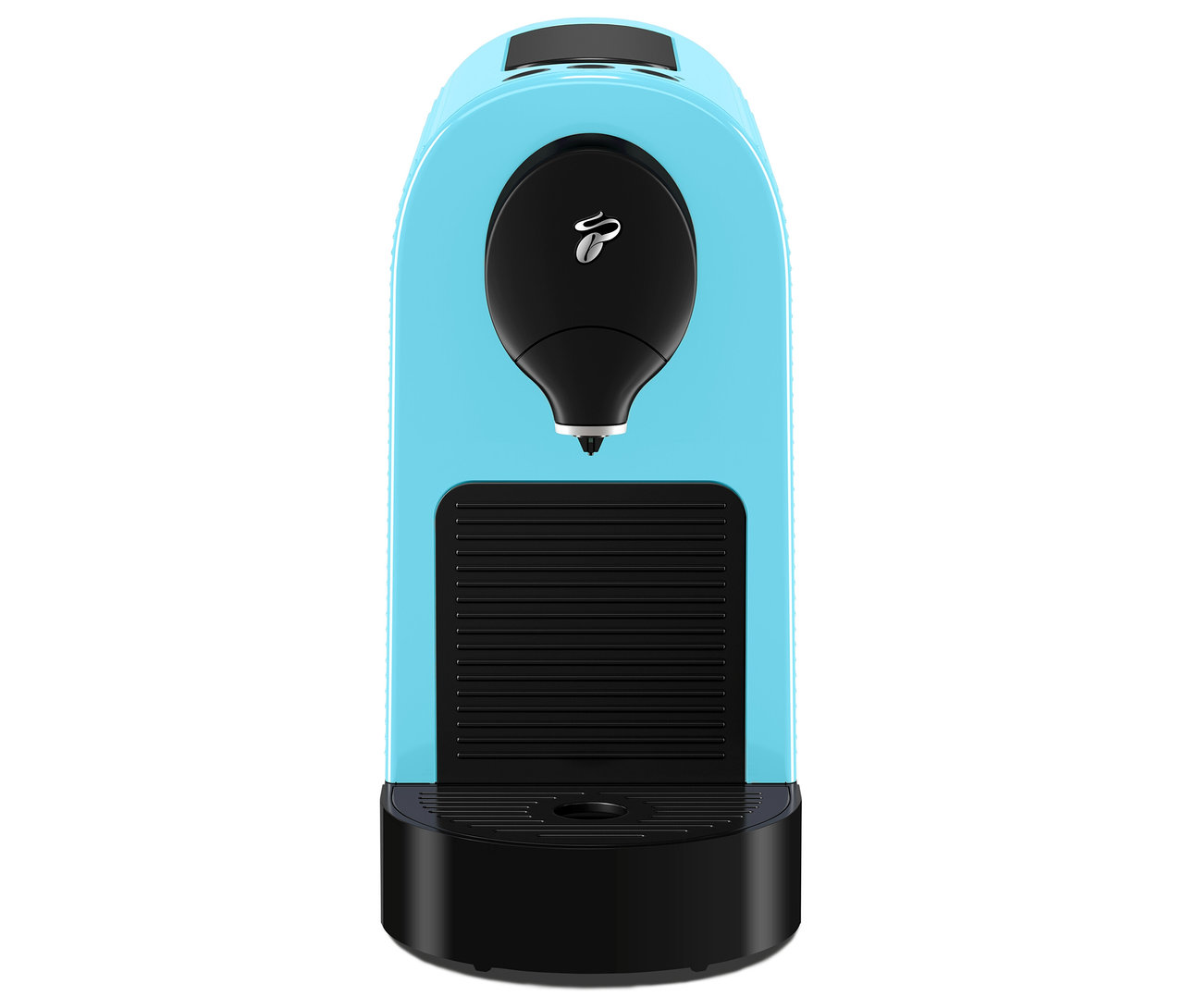 Eine hellblaue Kaffeekapselmaschine mit schwarzem Auslauf und Abtropfschale vor einem weißen Hintergrund.