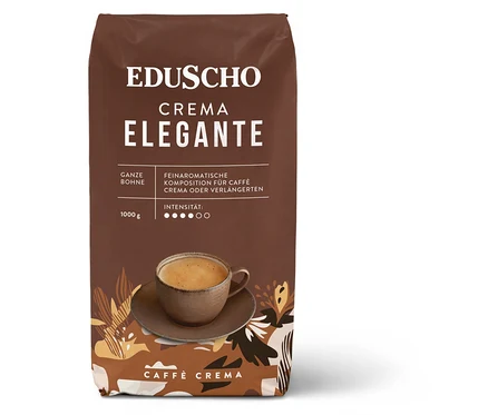 Braune Packung Eduscho Crema Elegante 1000g Ventil Kaffee mit Tasse Kaffee.