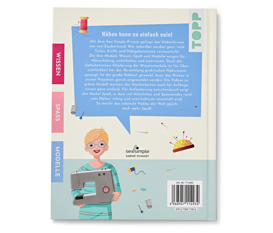 Das Buch "Näh doch einfach" vor hellem Hintergrund. Auf dem Umschlag ist eine Frau abgebildet, die an einer Nähmaschine näht.