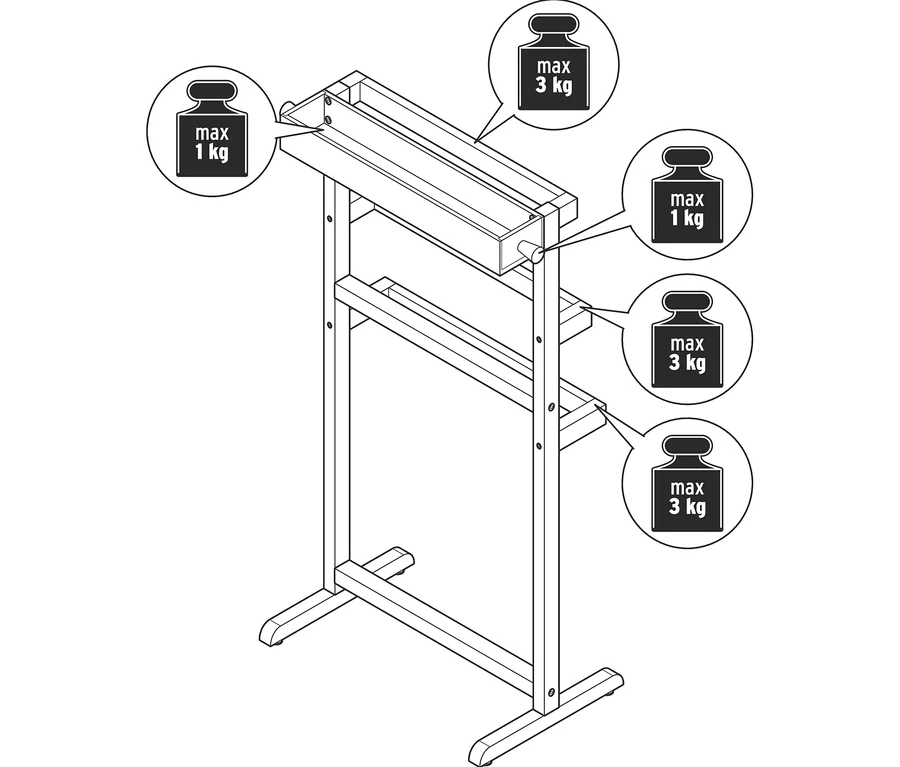 Illustration eines Stummen Dieners mit zwei Ablagen. Die maximale Belastung der oberen Ablage beträgt 1 kg, der unteren 3 kg.