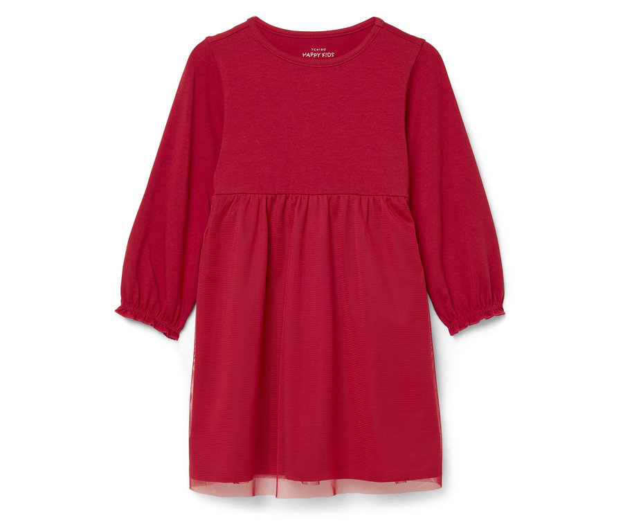 Rotes Mädchenkleid mit langen Ärmeln und Tüllunterrock.