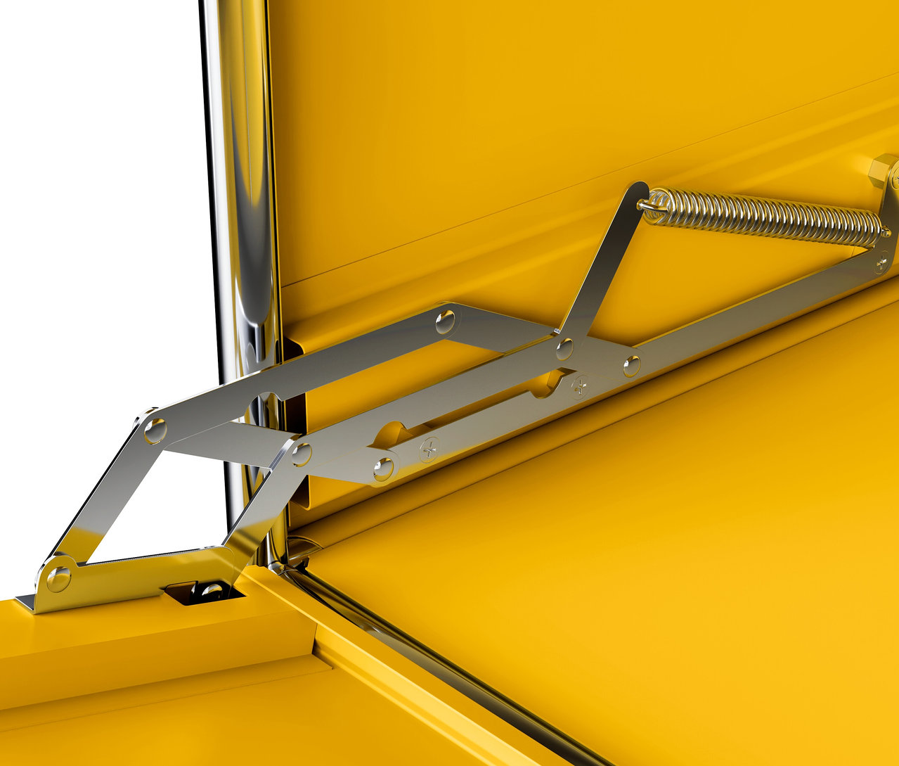 Detailansicht von geöffnetem gelbem Sideboard Metall "CN3" mit 1 Klappenfach.