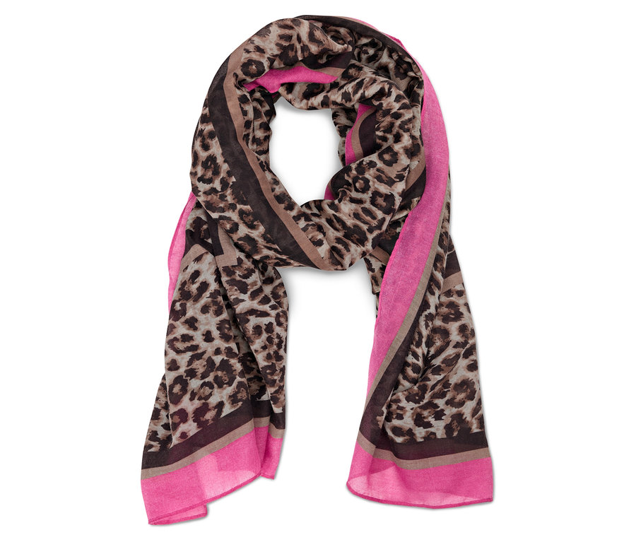Schal mit Leopardenmuster und pinkfarbenen Rändern.