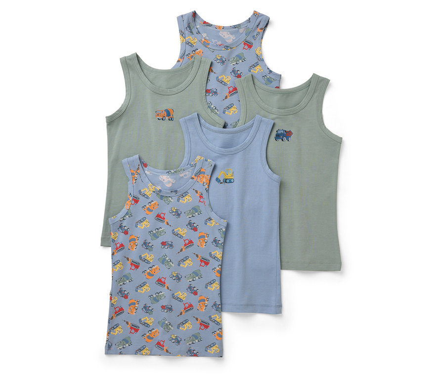 Fünf Kinder Tank Tops in verschiedenen Farben und Mustern, darunter Grün, Blau und bedruckt.