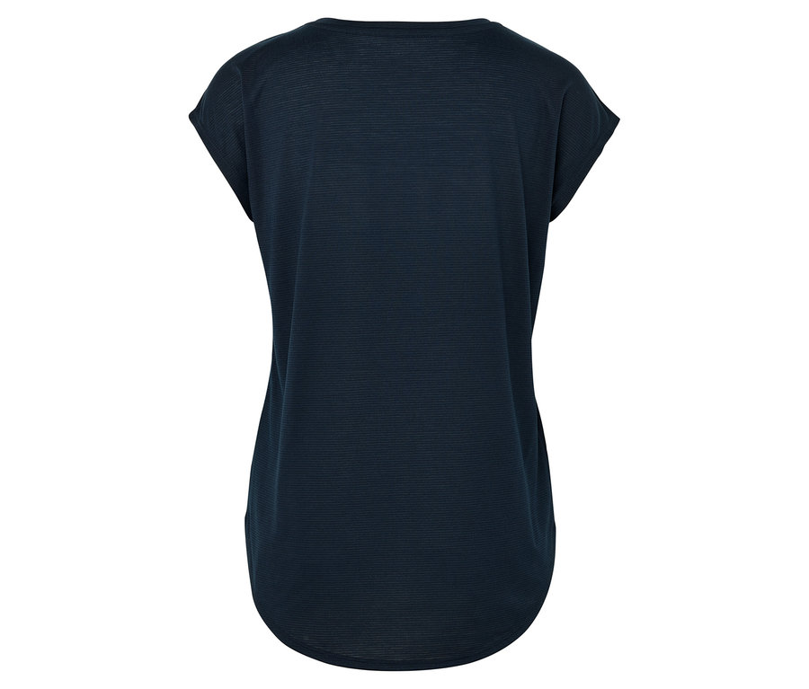 Rückansicht eines dunkelblauen T-Shirts mit kurzen Ärmeln.