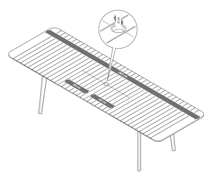 Eine Skizze von einem doppelt ausziehbaren Teak-Tisch mit Maßangaben.