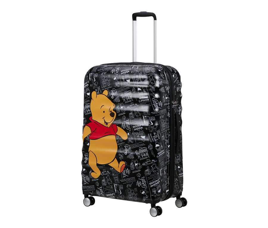 Schwarzer American Tourister Wavebreaker Koffer mit Winnie Puuh Motiv, groß.