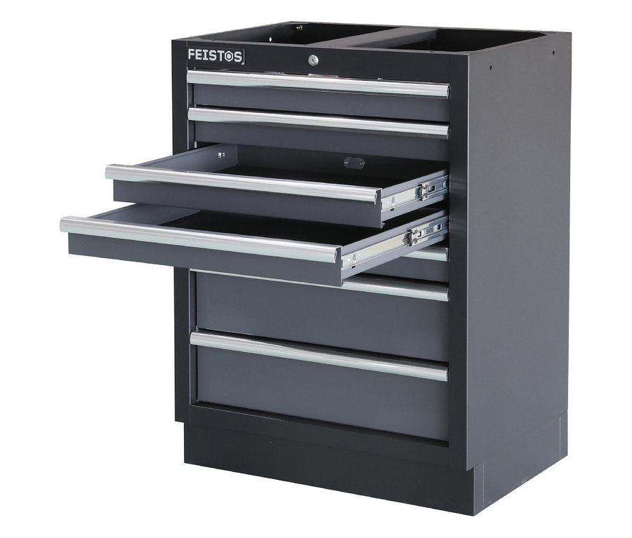 Ein FEISTOS Werkzeugschrank »Apollo 5« in Schwarz, wobei zwei Schubladen geöffnet sind.