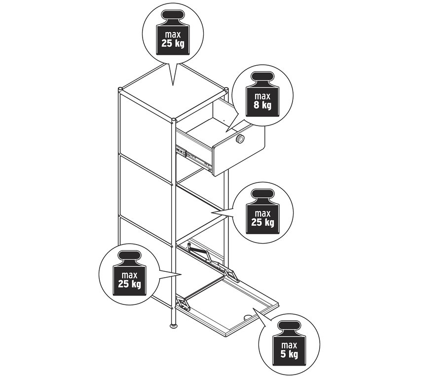 Zeichnung einer schmalen Kommode Metall »CN3« mit zwei Schubladen und 1 Klappenfach.