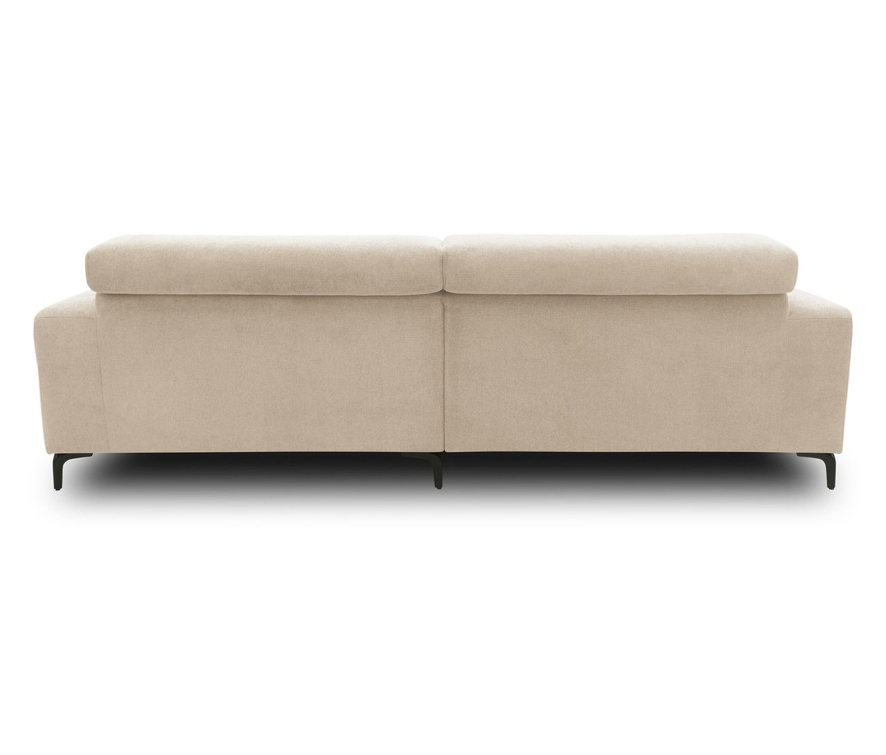 Rückansicht des cremefarbenen DOMO Eck-Schlafsofas mit Hocker, rechtsbündig.