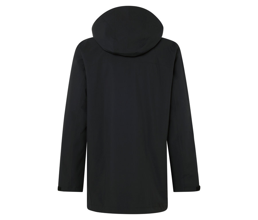 Rückansicht einer schwarzen Jacke mit Kapuze.