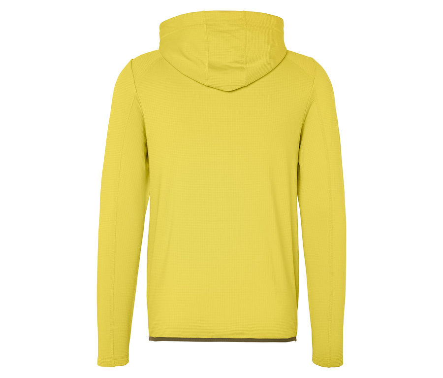 Gelber Kapuzenpullover mit langen Ärmeln von hinten.