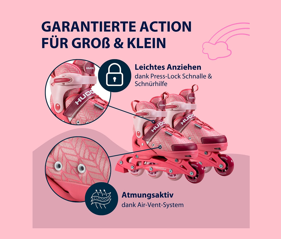 Rosa HUDORA Inline Skates »Mia 2.0« mit weißen Rollen und Schnallenverschluss.