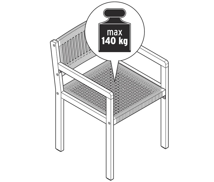 Illustration eines Dining-Stuhls mit Textilgeflecht und einer maximalen Belastbarkeit von 140 kg.