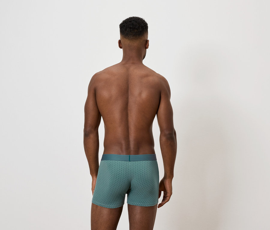 Ein Mann mit dem Rücken zur Kamera trägt grüne Boxershorts.