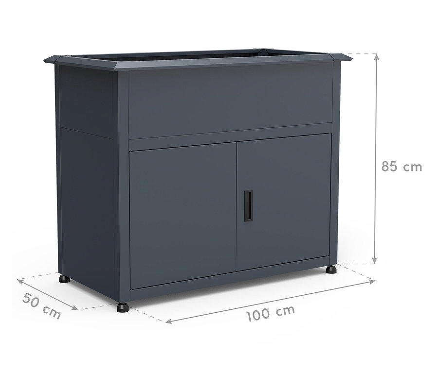 Dunkelgrauer Outdoor-Küchenschrank mit zwei Türen und den Maßen 85 cm Höhe, 100 cm Breite und 50 cm Tiefe.