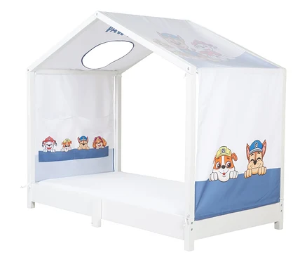 Weißes Kinderbett mit Paw Patrol-Motiv und blauem Akzent.