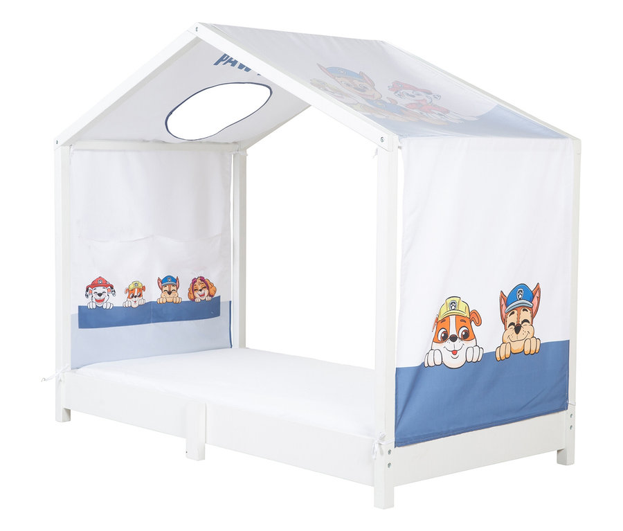 Weißes Kinderbett mit Paw Patrol-Motiv und blauem Akzent.