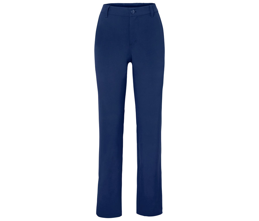 Blaue Hose mit Knopf.