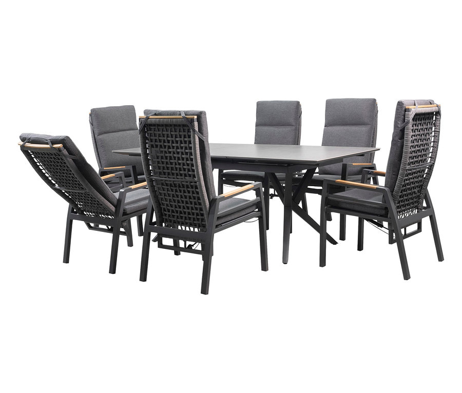 Esstischgarnitur mit sechs Stühlen mit grauen Polstern und einem Tisch mit grauer Tischplatte und schwarzem Gestell.