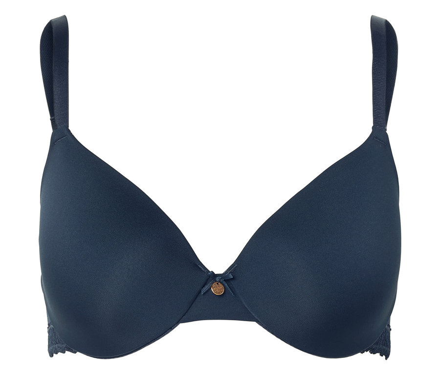 Marineblauer BH mit schmalen Trägern und kleinem Zierdetail in der Mitte.