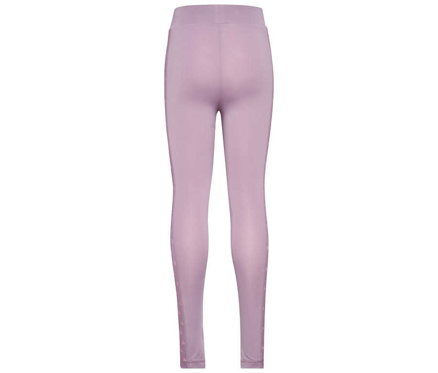 Rückansicht der lila hummel® HMLJR Mix Mid Waist Tight mit seitlichem Streifen.