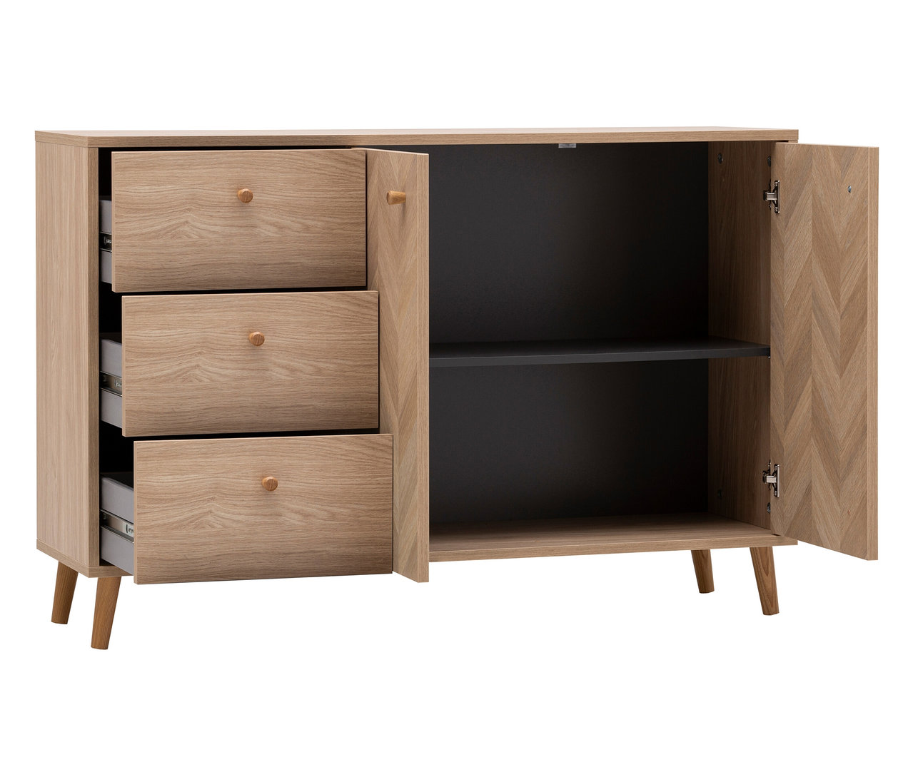 Ein hellbraunes Sideboard mit drei Schubladen auf der linken Seite und einer offenen Tür auf der rechten Seite.