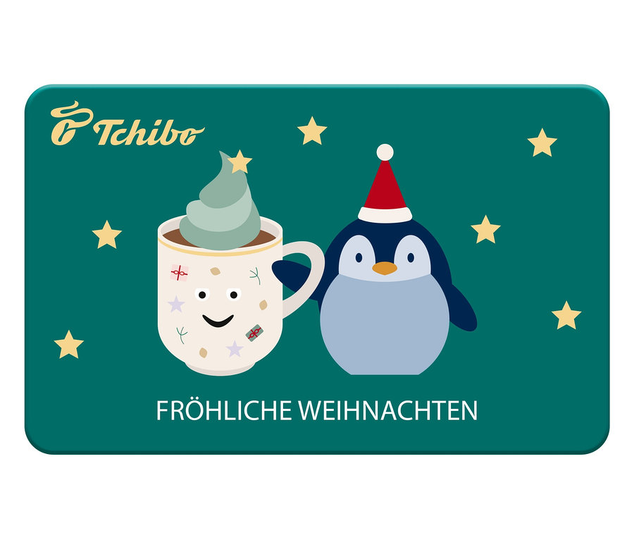 Tchibo Gutschein mit einer Tasse und einem Pinguin vor einem dunkelgrünen Hintergrund.