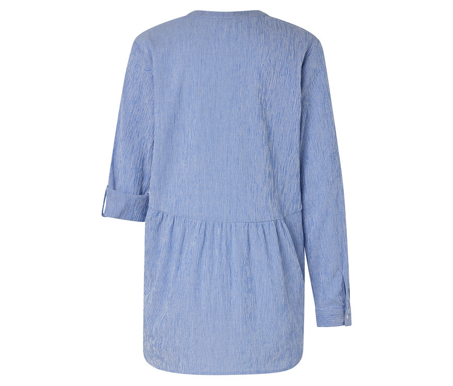 Rückansicht einer blau-weiß gestreiften Tunika mit langen Ärmeln.