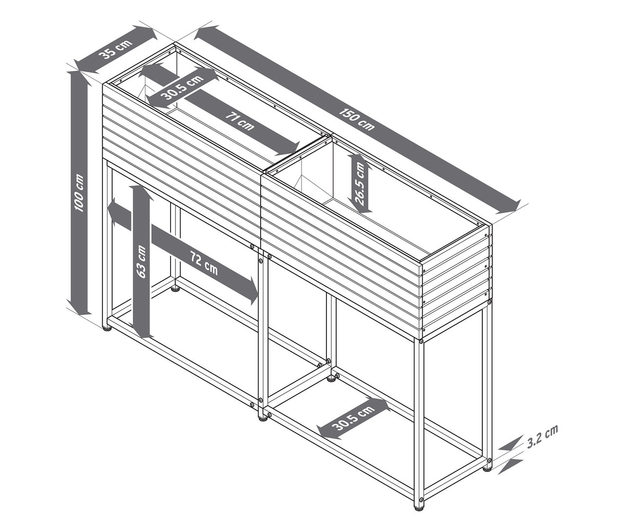 Draufsicht auf die Abmessungen des schlanken Hochbeets »Elin«.