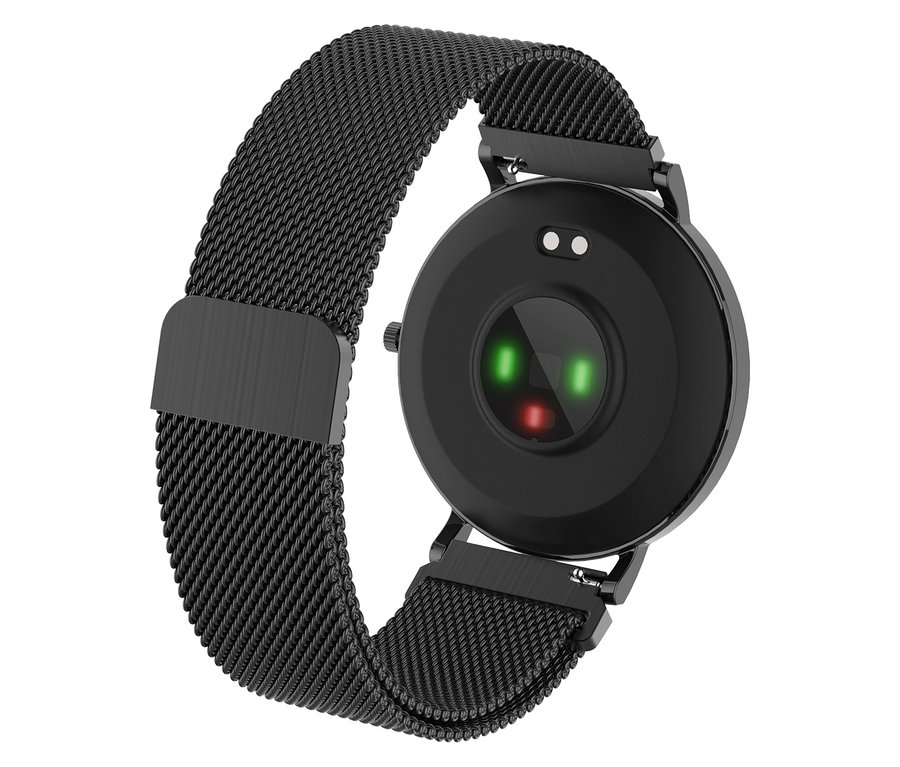 Nahaufnahme der schwarzen Kienzle »Active Smart Slim« Uhr mit Metallarmband und Sensoren auf der Rückseite.