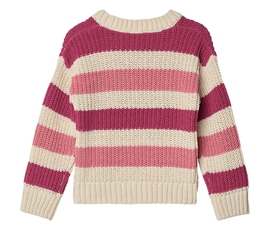 Gestreifter Strickpullover in Rosa-, Pink- und Beigetönen.