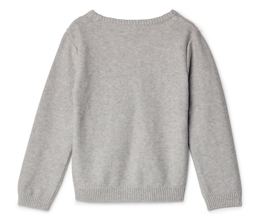 Grauer Pullover, von hinten fotografiert, mit langen Ärmeln und geripptem Saum.