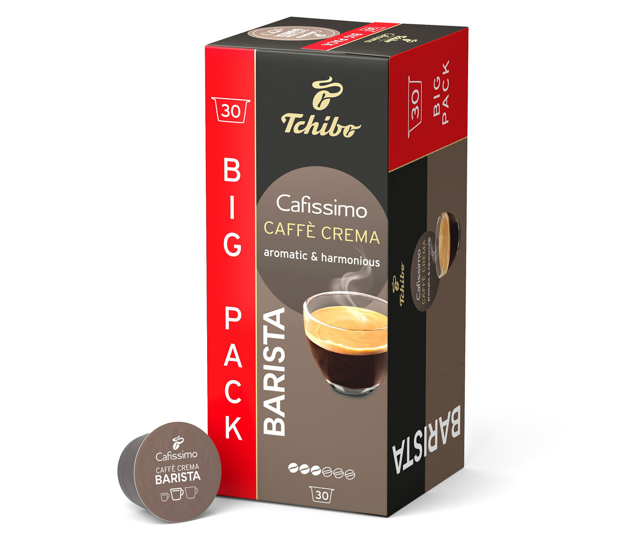 Eine Packung Tchibo Cafissimo Caffe Crema Barista Kaffeekapseln steht auf einem weißen Hintergrund.