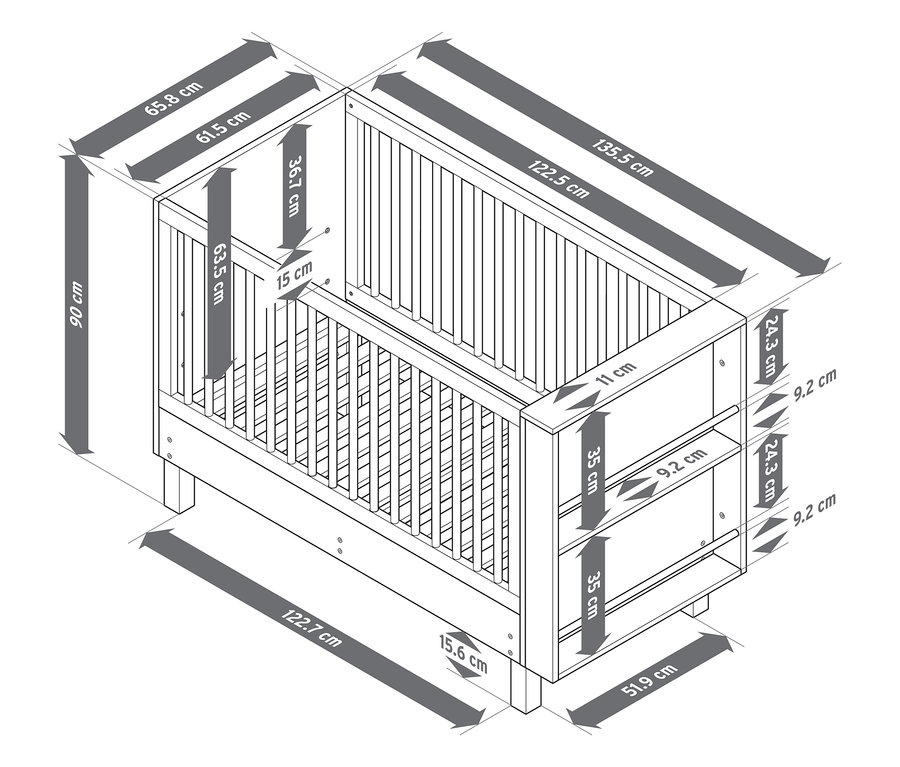 Detaillierte Ansicht des Babybetts »Leira« mit integriertem Bücherregal und Maßangaben.