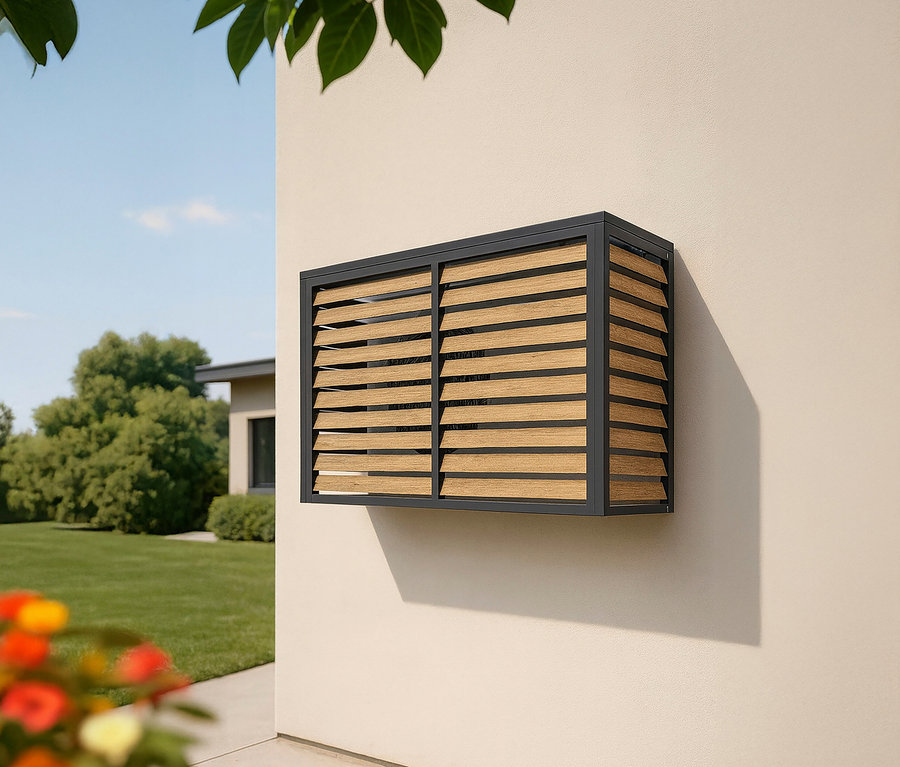 Eine braune Jalousie mit schwarzem Rahmen hängt an einer hellen Wand im Freien.