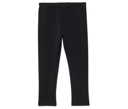 Schwarze Leggings mit elastischem Bund liegen auf einem weißen Hintergrund.