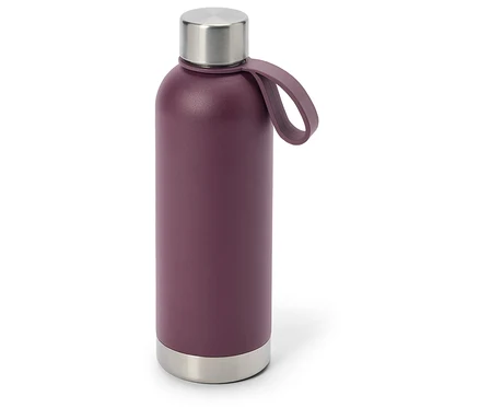 Dunkelviolette Sport-Trinkflasche mit silbernem Deckel, passendem Tragegriff und silbernem Boden.