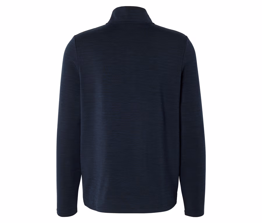 Rückansicht eines dunkelblauen Langarmshirts mit Stehkragen und Viertelreißverschluss.