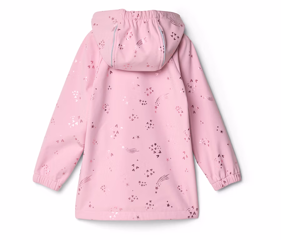 Rosa Kinderregenjacke mit Kapuze, bedeckt mit Sternen, Herzen und Kometen.