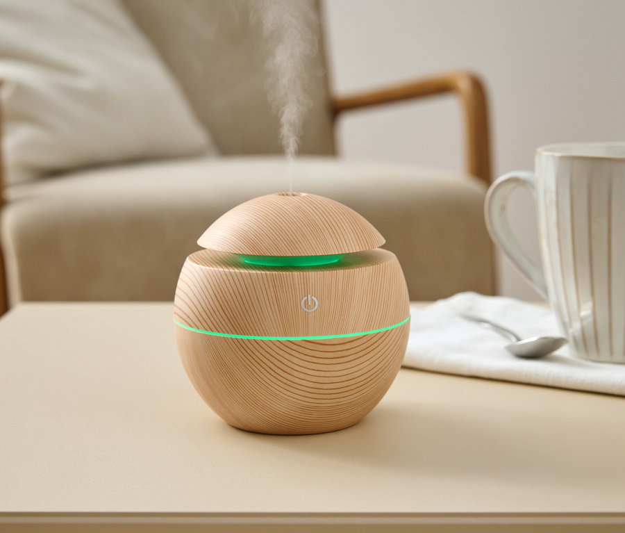 Ein hölzerner Luftbefeuchter mit grünem Licht steht auf einem Tisch neben einer Tasse und einem Löffel.