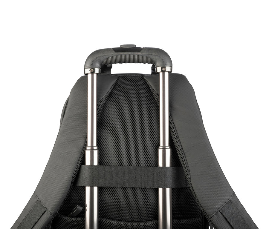 Nahaufnahme eines grauen Rucksacks mit Trolley-Griff und silbernen Stangen.